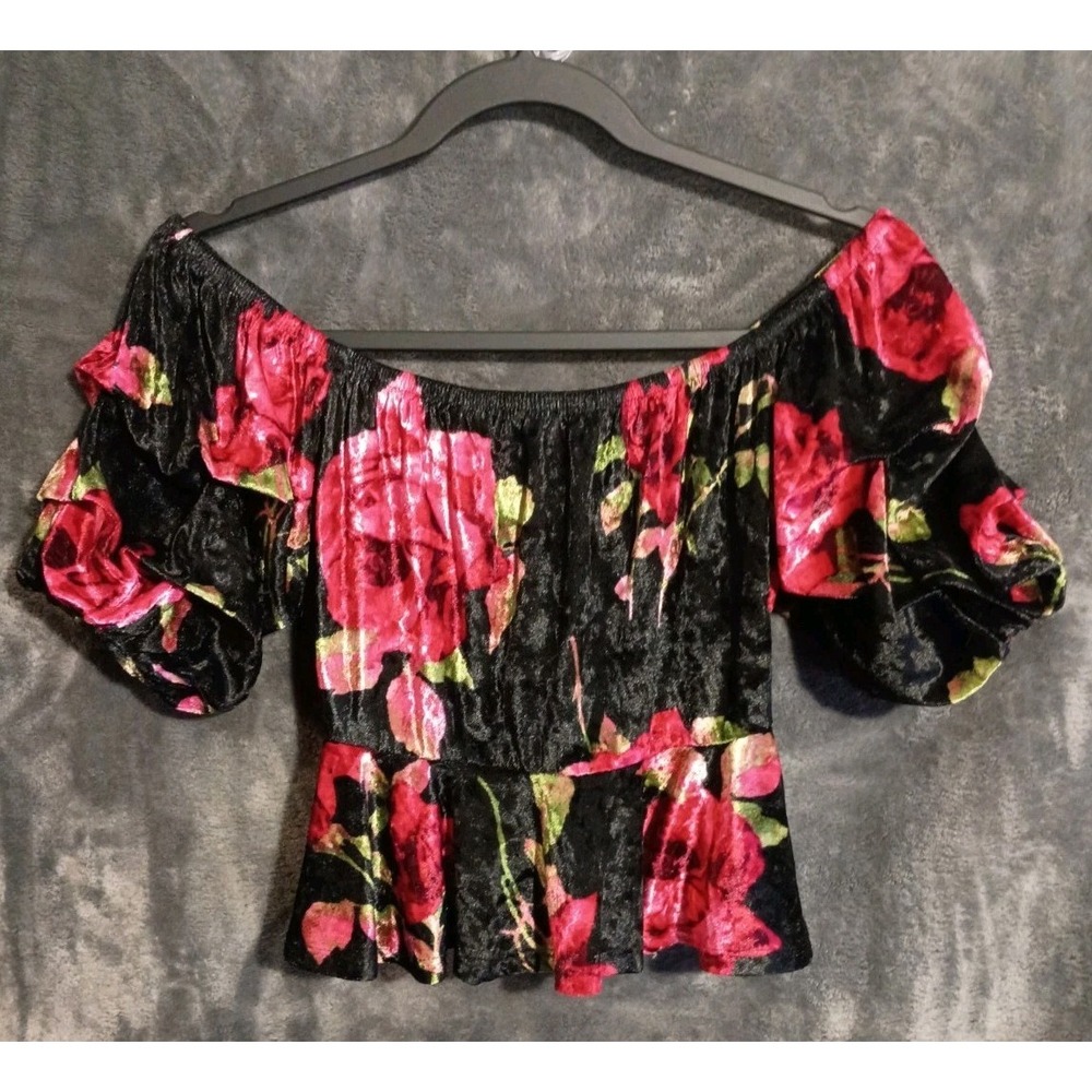 Velvet Off The Shoulder Forever 21 Top Black w/Floral Print Med Y2K Whimsy‎ Goth